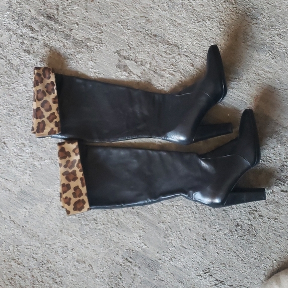 Stuart Weitzman Black Leather Knee High Boots Leopard Cuff Block
